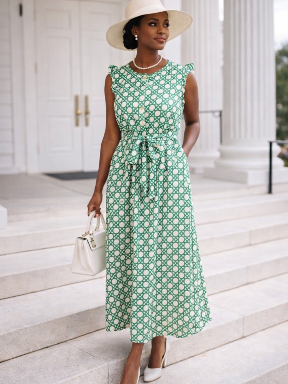 Ann Taylor Petite Green White Rattan Print Midi Dress Belted Sleeveless LP